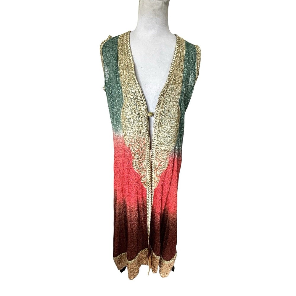 Indian Long Vest Embellished Sequins Sheer Embroidered Ombre Gold Boho Festival